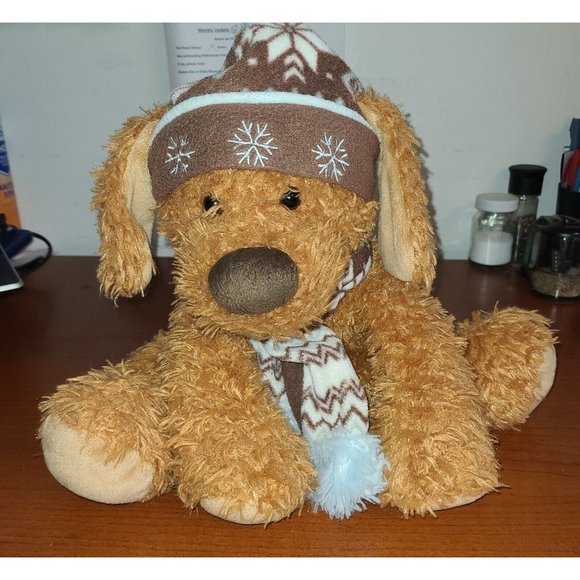 Brown Puppy Dog Plush Winter Snowflake Knit Hat Scarf 14" Hug Fun Intl Toy - Picture 2 of 8